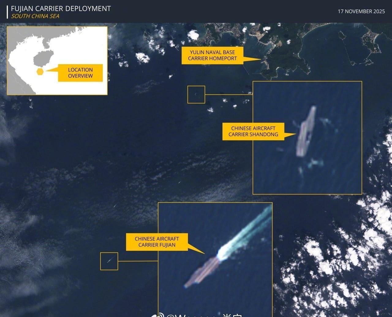 福建舰首次参加演习
据外网卫星照片显示，海军福建舰和山东舰从海军基地榆林（海南岛