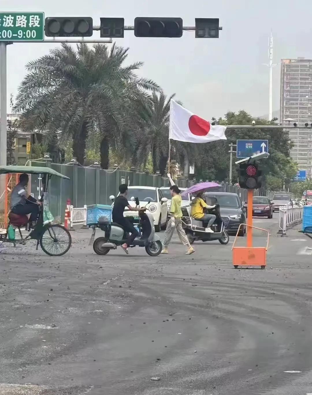 数典忘祖的东西，举着小日子的旗子闯红灯，旁边的小伙子，这时候电动车失控，估计没人