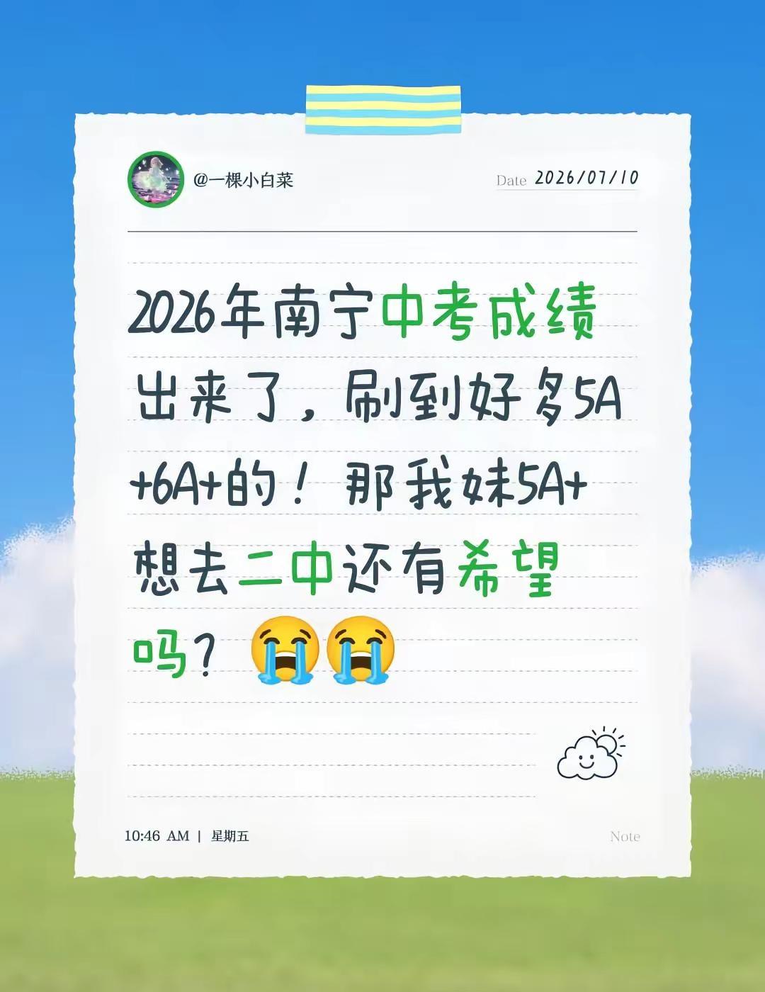2026年南宁中考成绩出来了，刷到好多5A+6A+的！那我妹5A+想去二中重点班