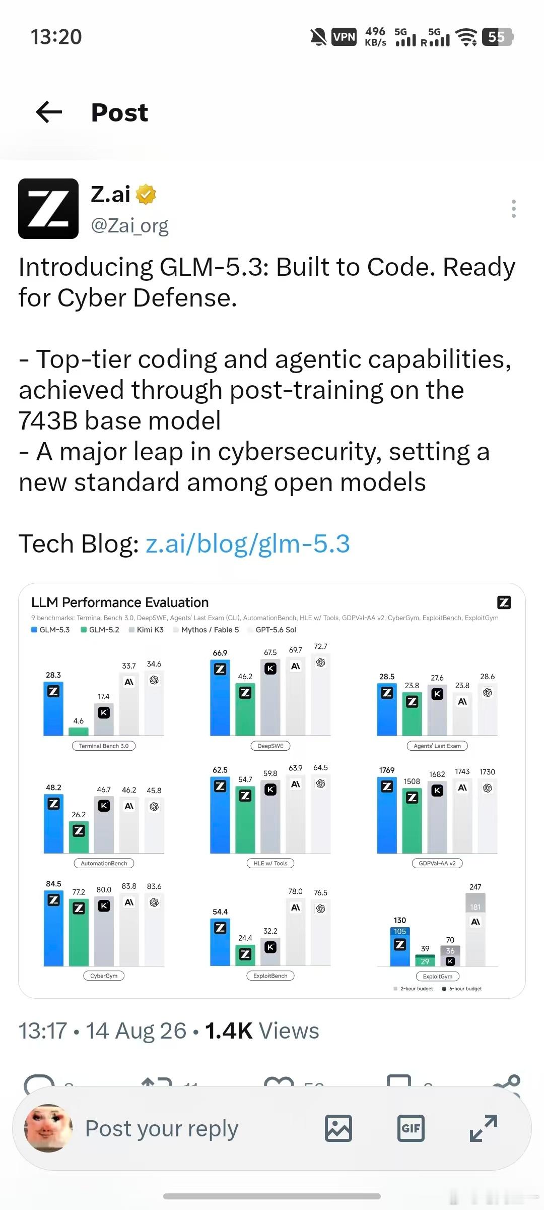 GLM 5.3发布了，堪称后训练仙人啊。还是743B这个规格，但性能已经接近Fa
