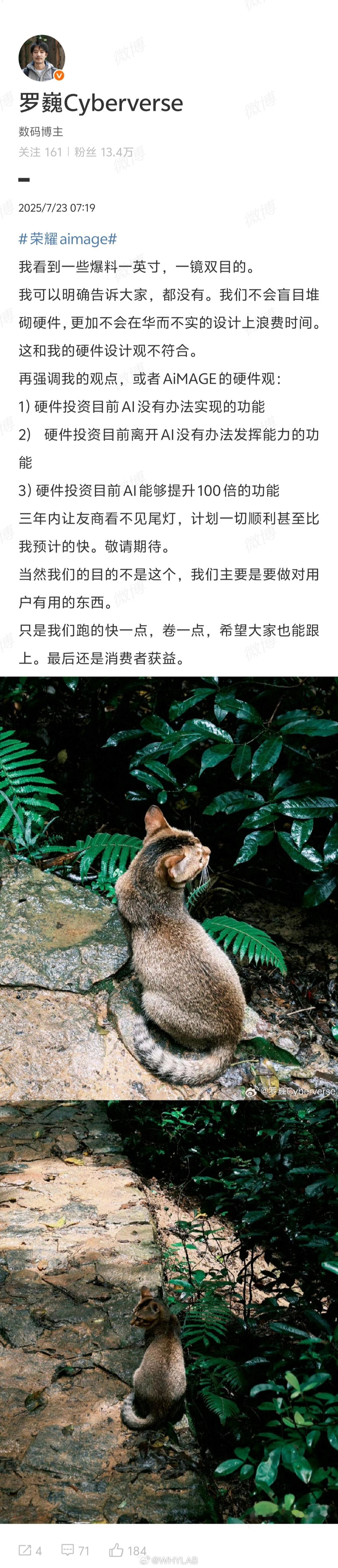 之前爆料有厂家在跟进华为的一镜双目，罗巍出来否定了，跟进的另有其人。荣耀的目标是