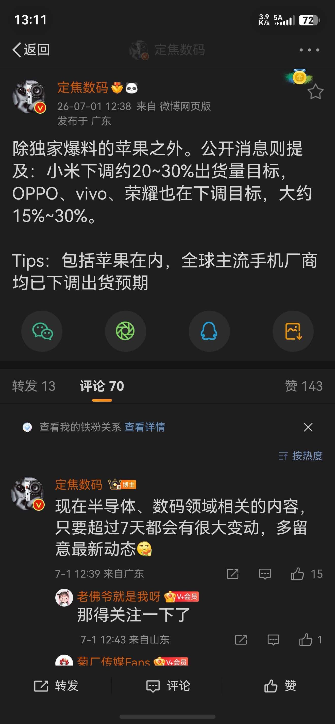 手机厂商销量影响很大呀，那估计明年大盘要跌20到30%了。 