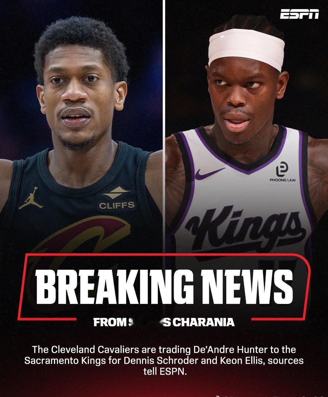 Shams消息：克利夫兰骑士队将德安德烈·亨特交易至萨克拉门托国王队，换来丹尼斯