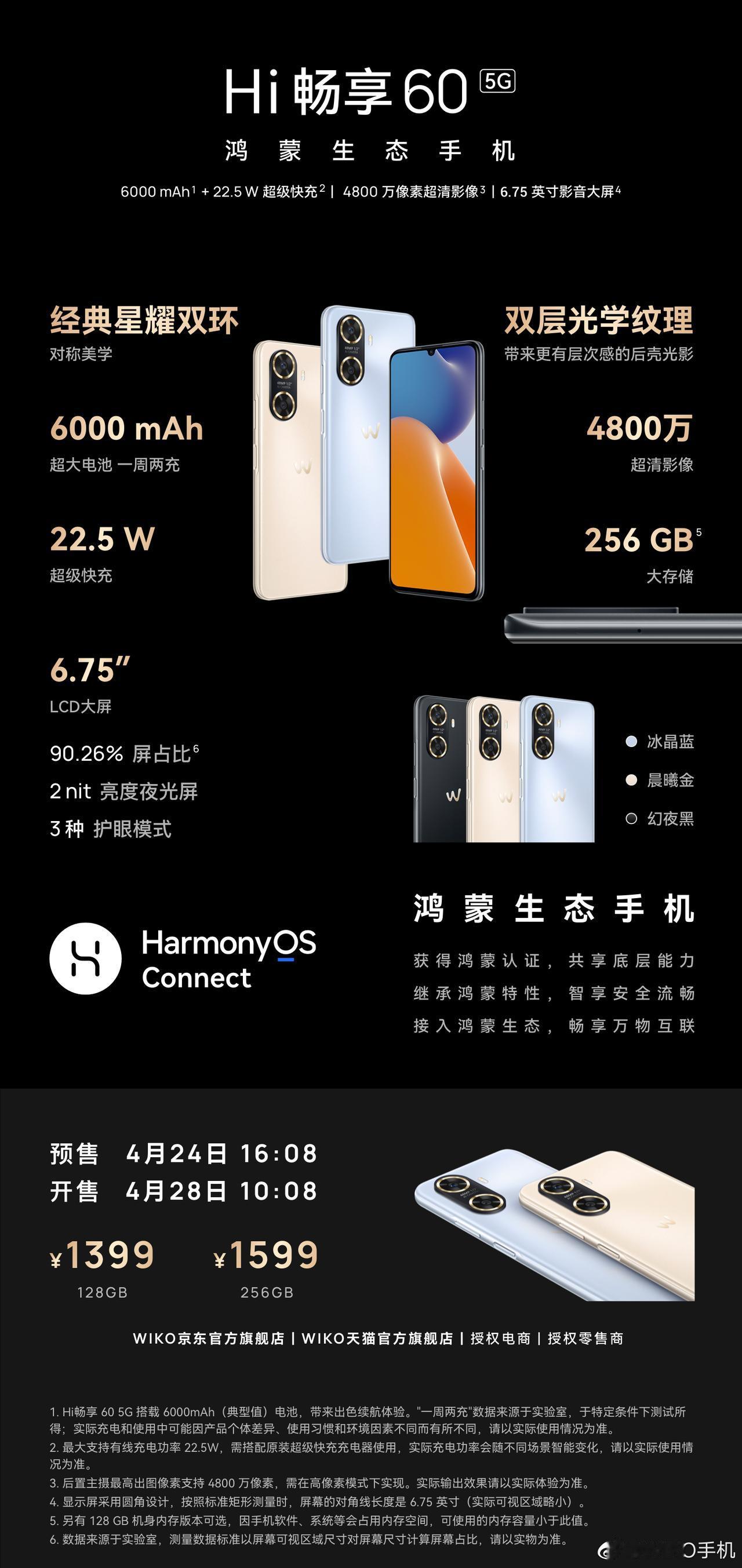 一图看刚刚发布的鸿蒙生态手机 Hi畅享60 5G新机
6.75英寸、6000mA