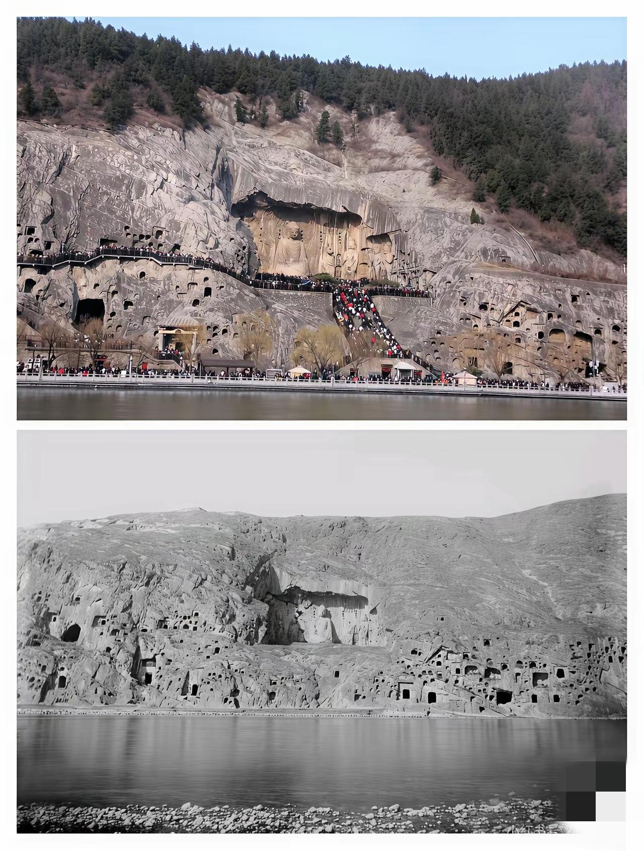 龙门石窟今昔对比，确实让人感慨。100年前，它历经岁月侵蚀，部分佛像已有风化痕迹