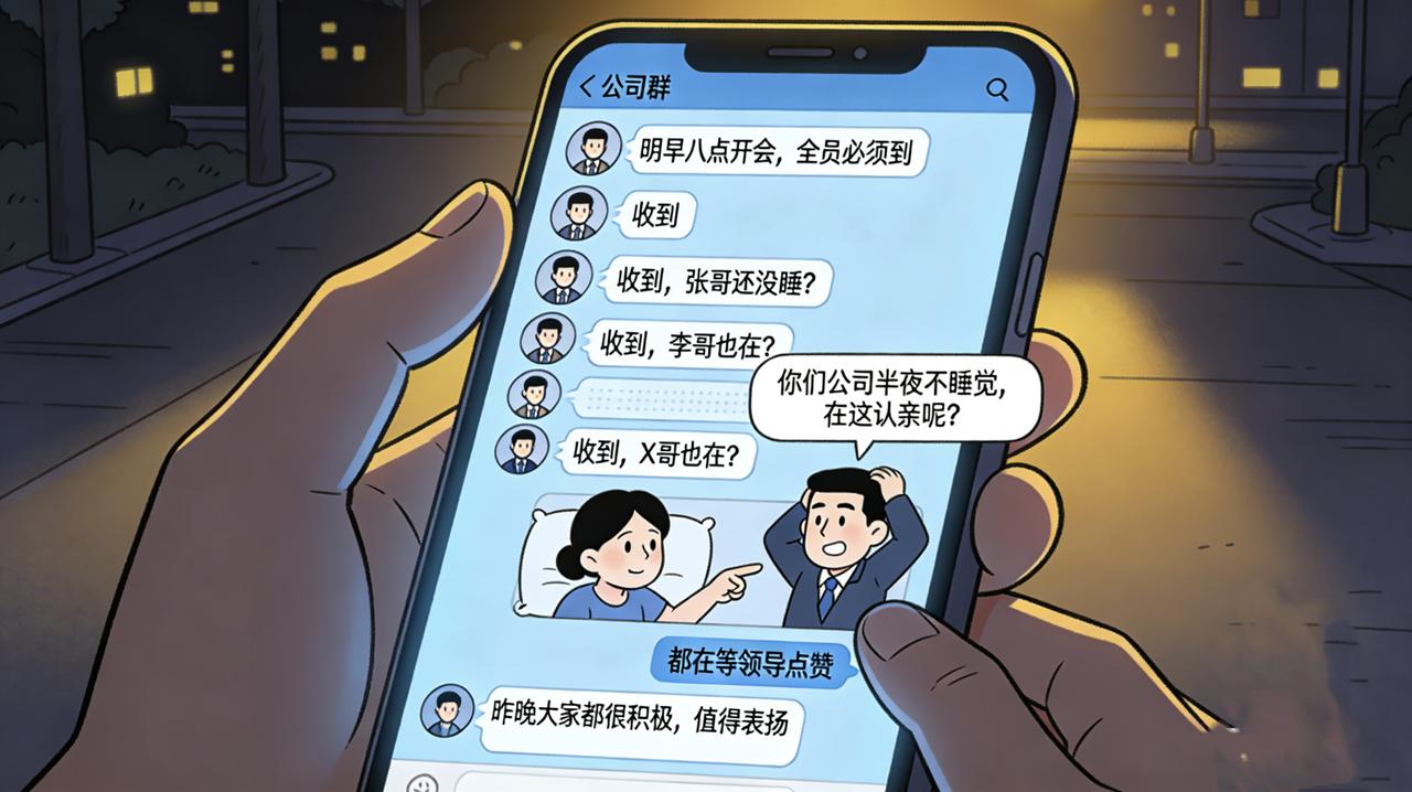 公司群夜里十点发消息：明早八点开会，全员必须到。
老张回复：收到。
五分钟后，新