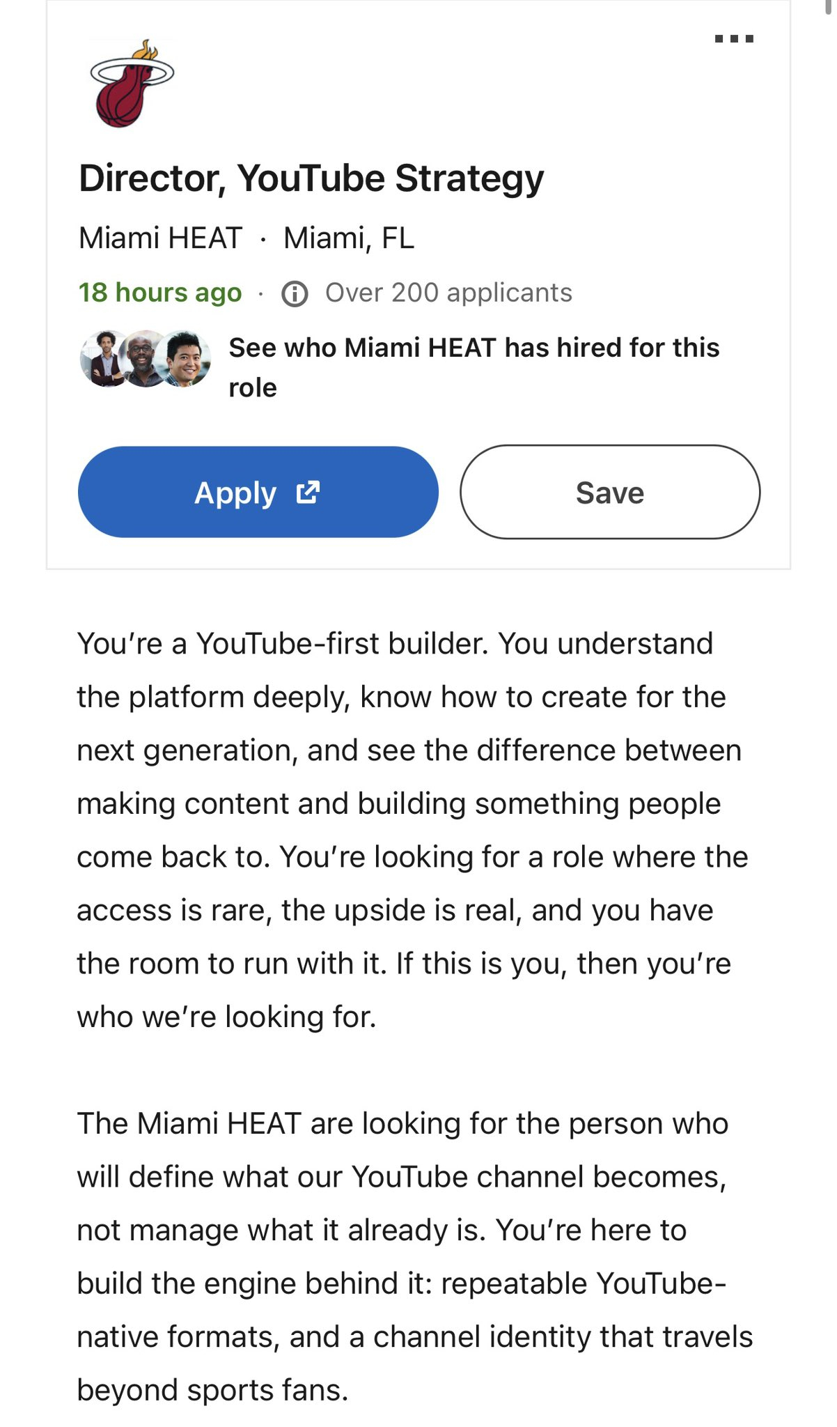 迈阿密热火队目前正在招聘一位YouTube战略总监。热火发布詹姆斯发布会链接后删