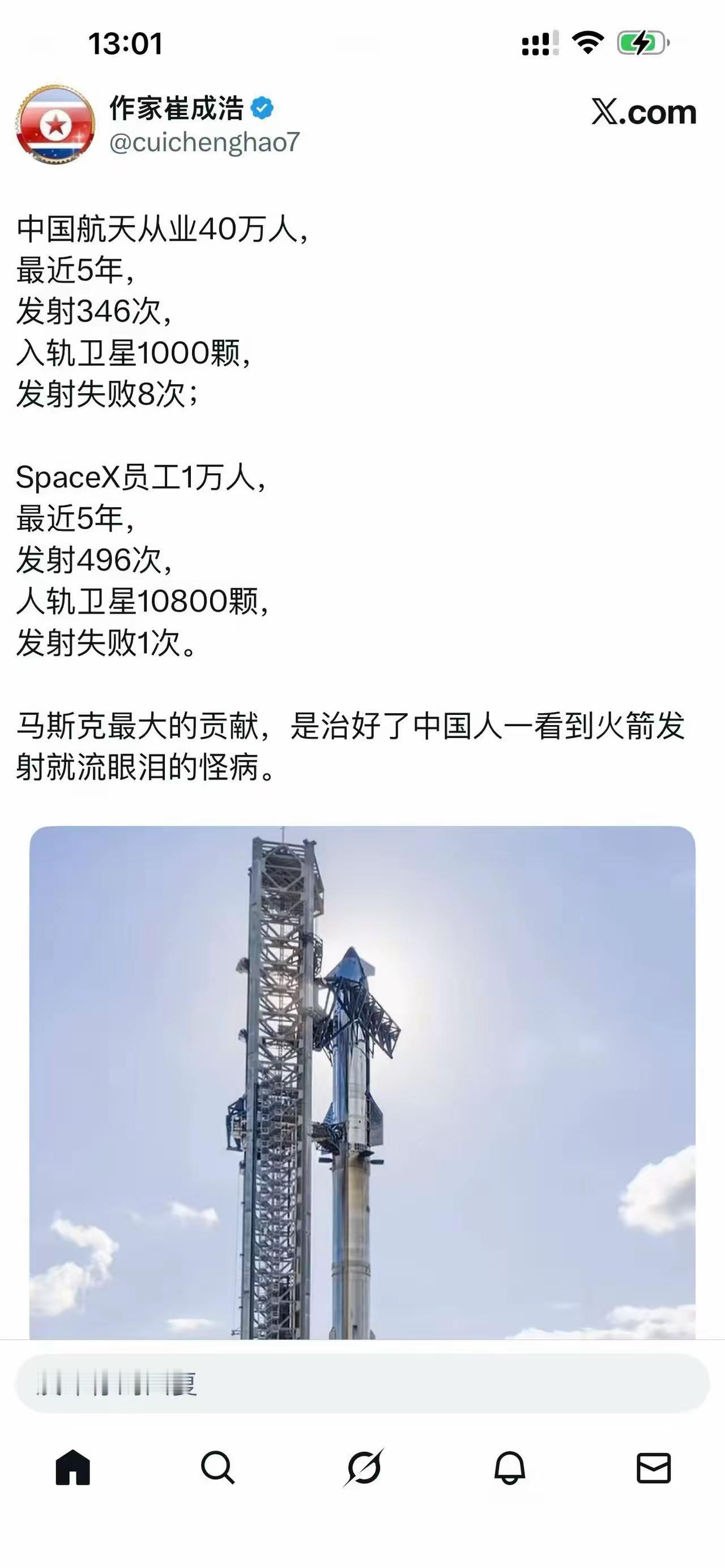 说一组关于火箭发射的数据！
SpaceX员工1万人,
最近5年，
发射496次，