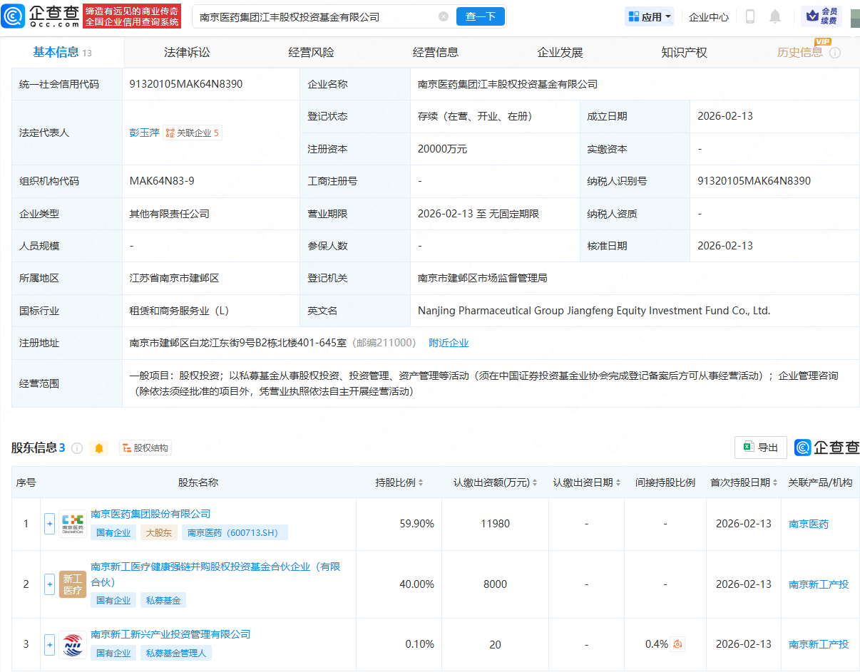 南京医药等投资成立股权投资基金公司