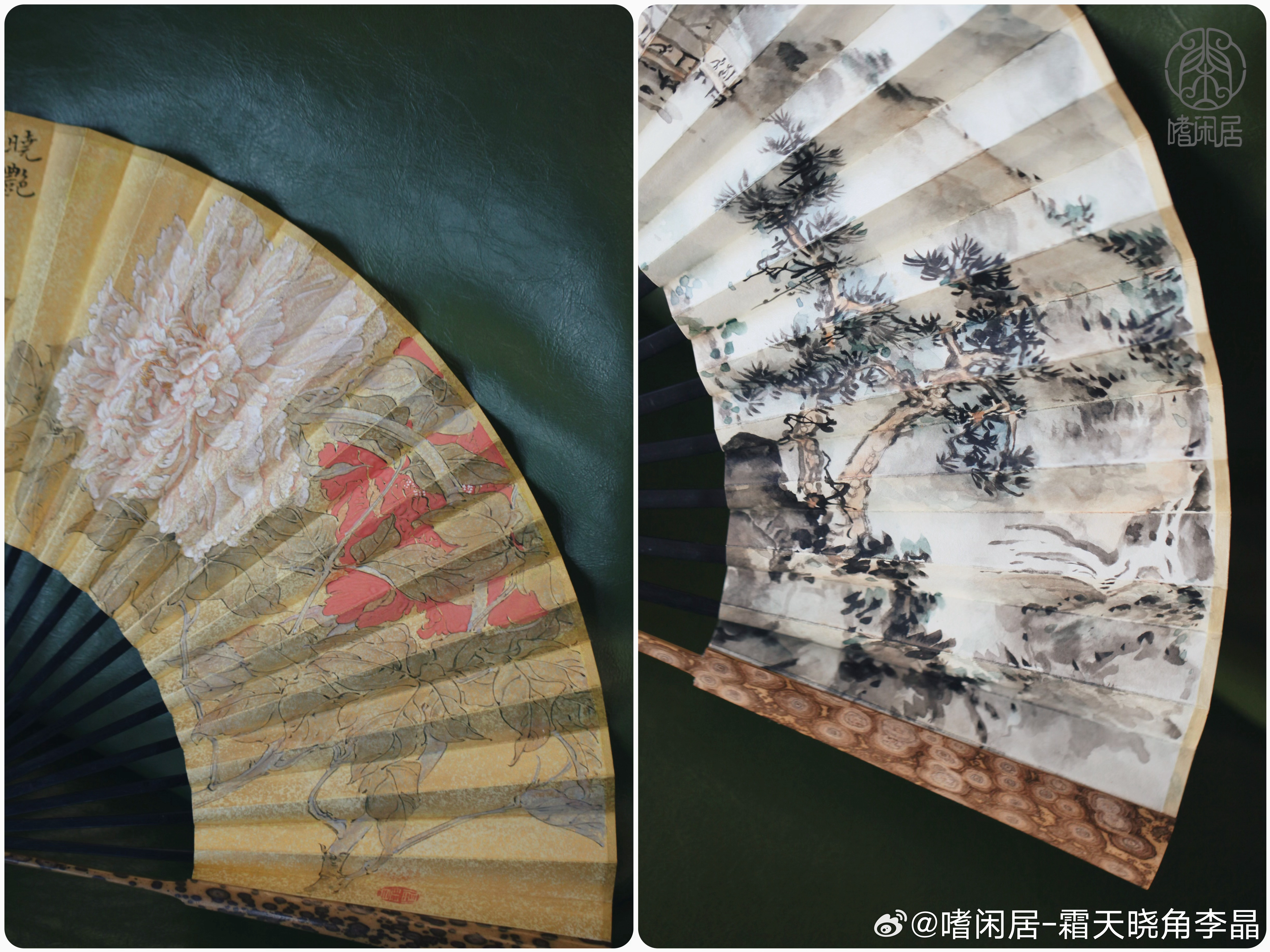 折扇 客定欣赏·客人定了两把精工梅鹿小扇子，书画自己请朋友画了扇面，一副金地牡丹