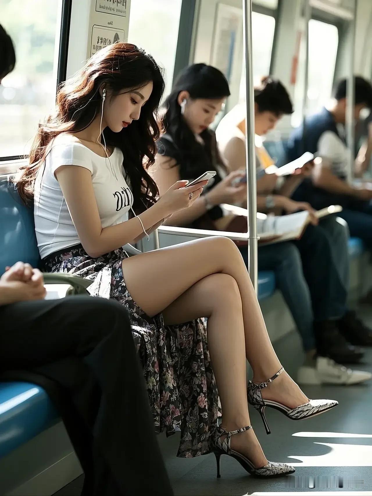 地铁上的时尚女孩，耳机里播放着动人的旋律。