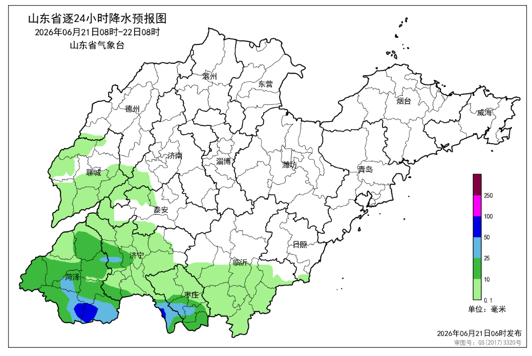 未来一周山东省主要有两次降雨过程，其中21日菏泽、济宁和枣庄局部大雨或暴雨