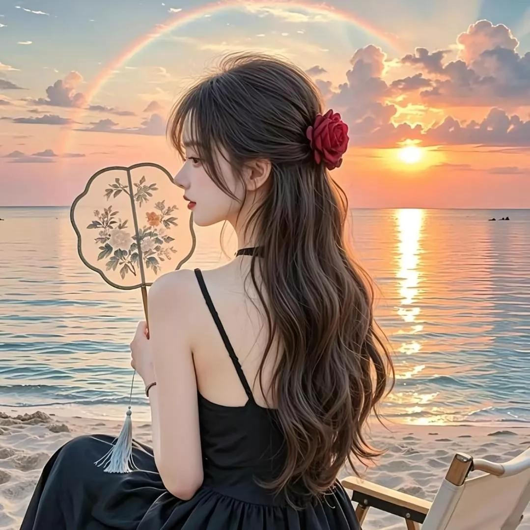 日暮海天边，花伞映夕霞。日落晚霞照海滩 日落霞归 海边日落晚霞 湖上落日余晖 览