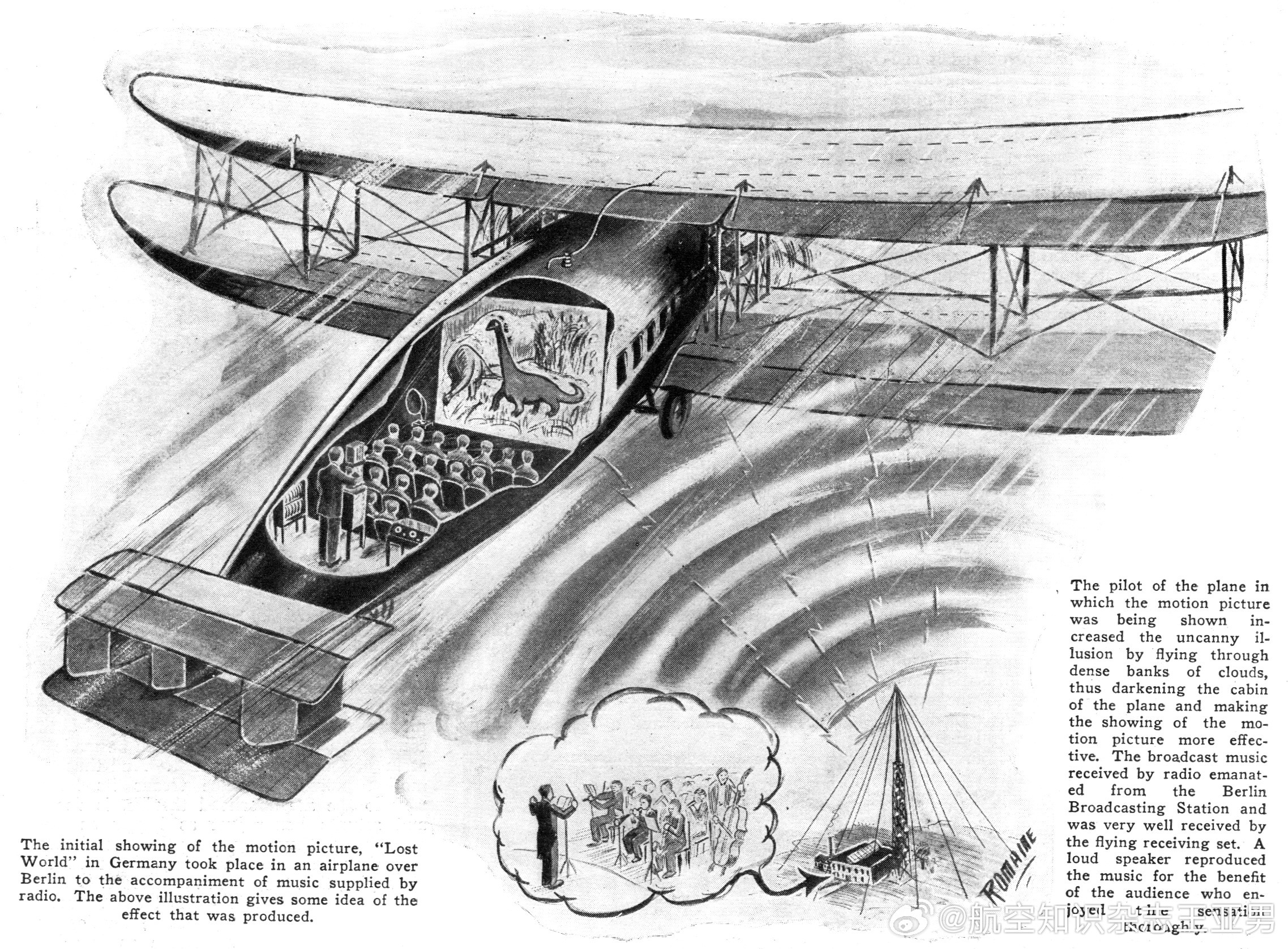 1925年，英国帝国航空公司飞往德国的航班上，乘客们享受着超级娱乐：最早的机上电