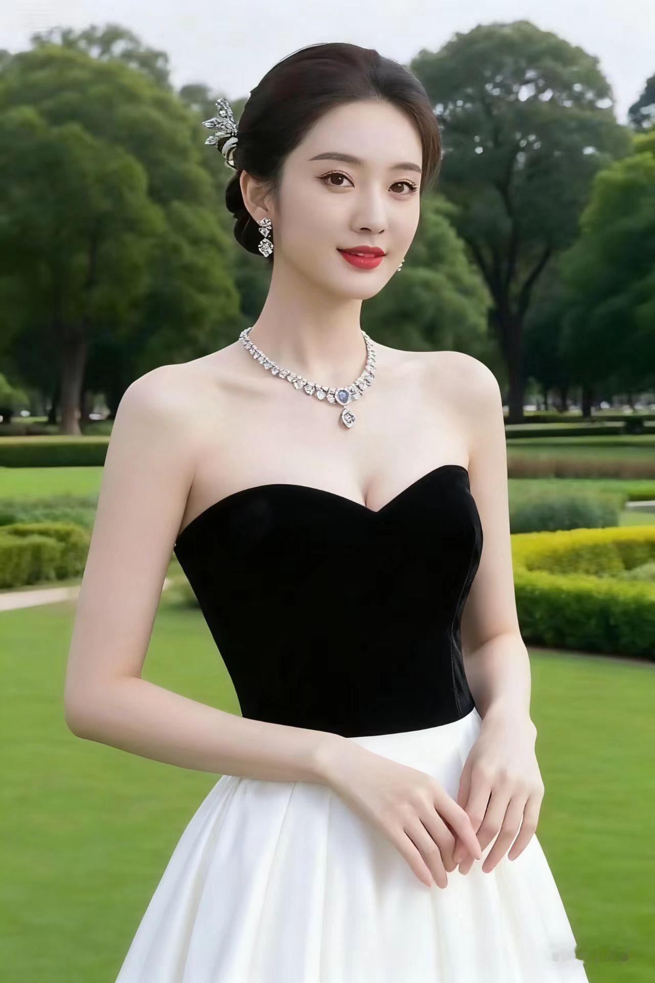 一袭黑天鹅长裙搭配华贵璀璨珠宝，女子身姿温婉雅致，置身葱郁绿意之间，柔光衬出精致