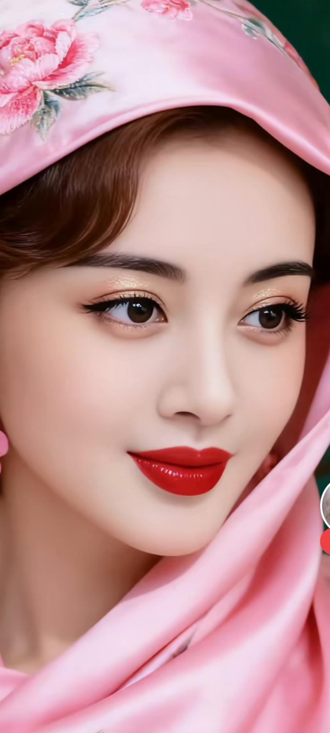 粉色头巾的甜美少女，红唇轻启，温柔可人。