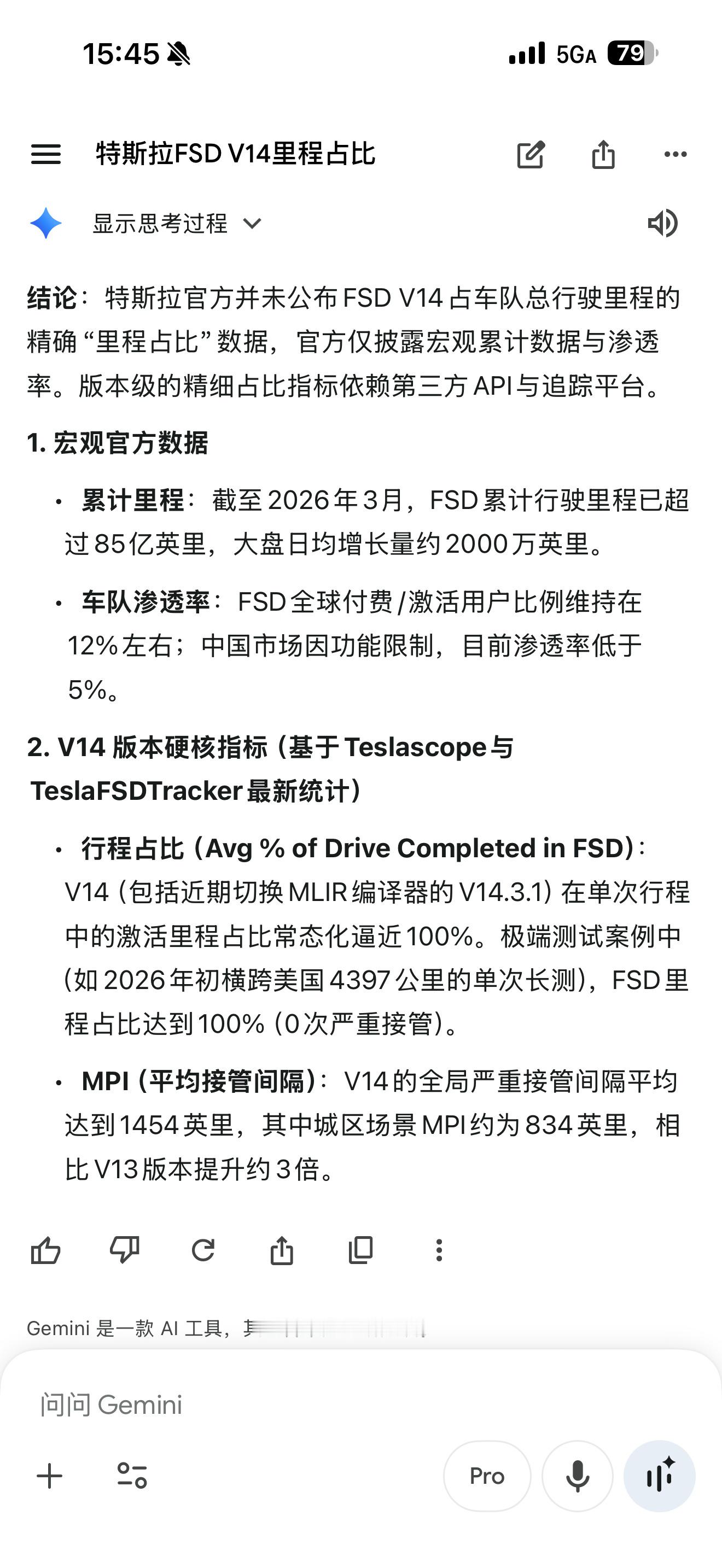 余凯提到了智驾里程占比的重要性，所以特斯拉FSD是多少呢？ 问了下Gemini 
