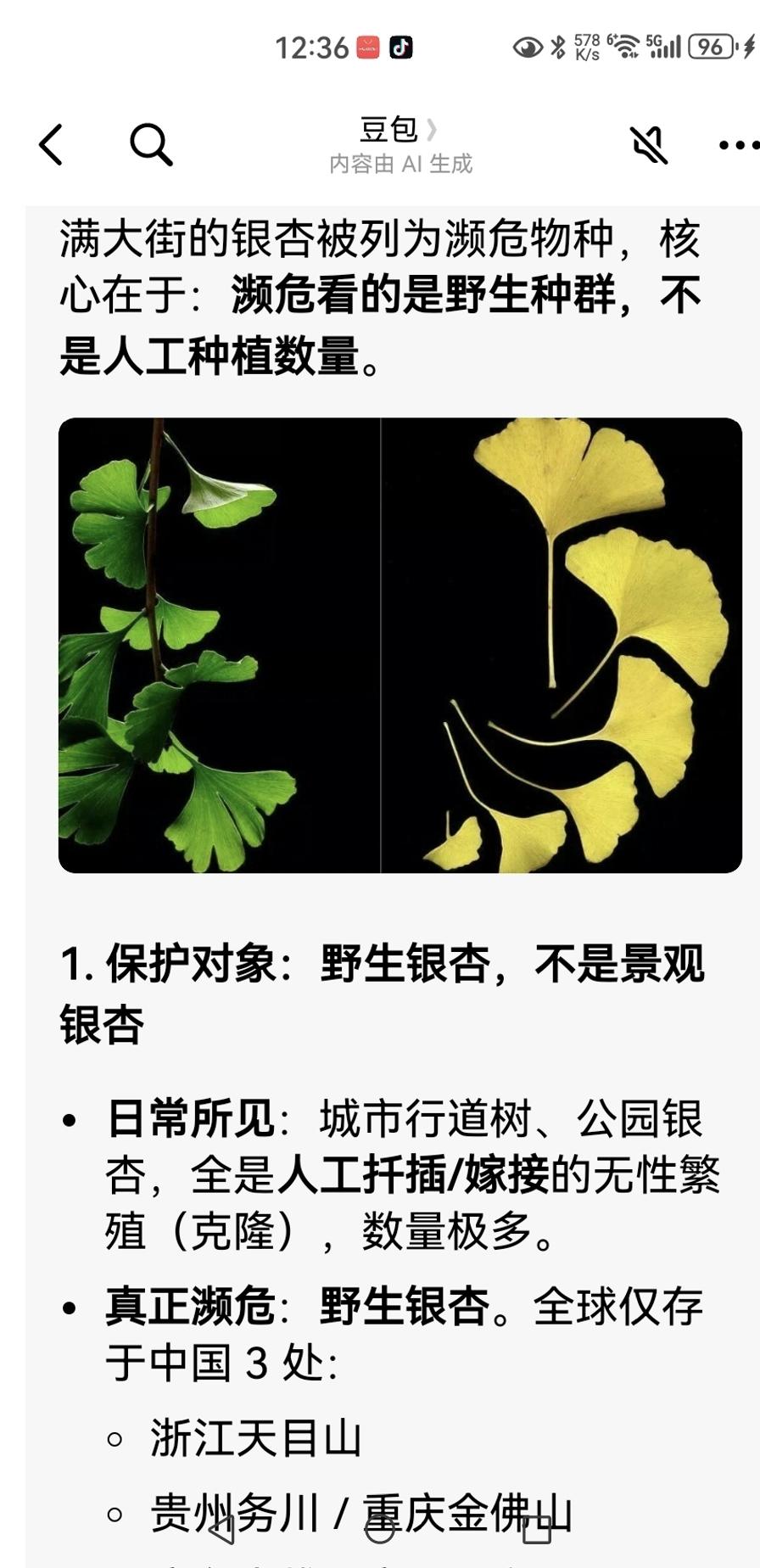 看到平台推荐，豆包说银杏树都烂大街了，为什么还是濒危植物？
于是，在平台问了豆包