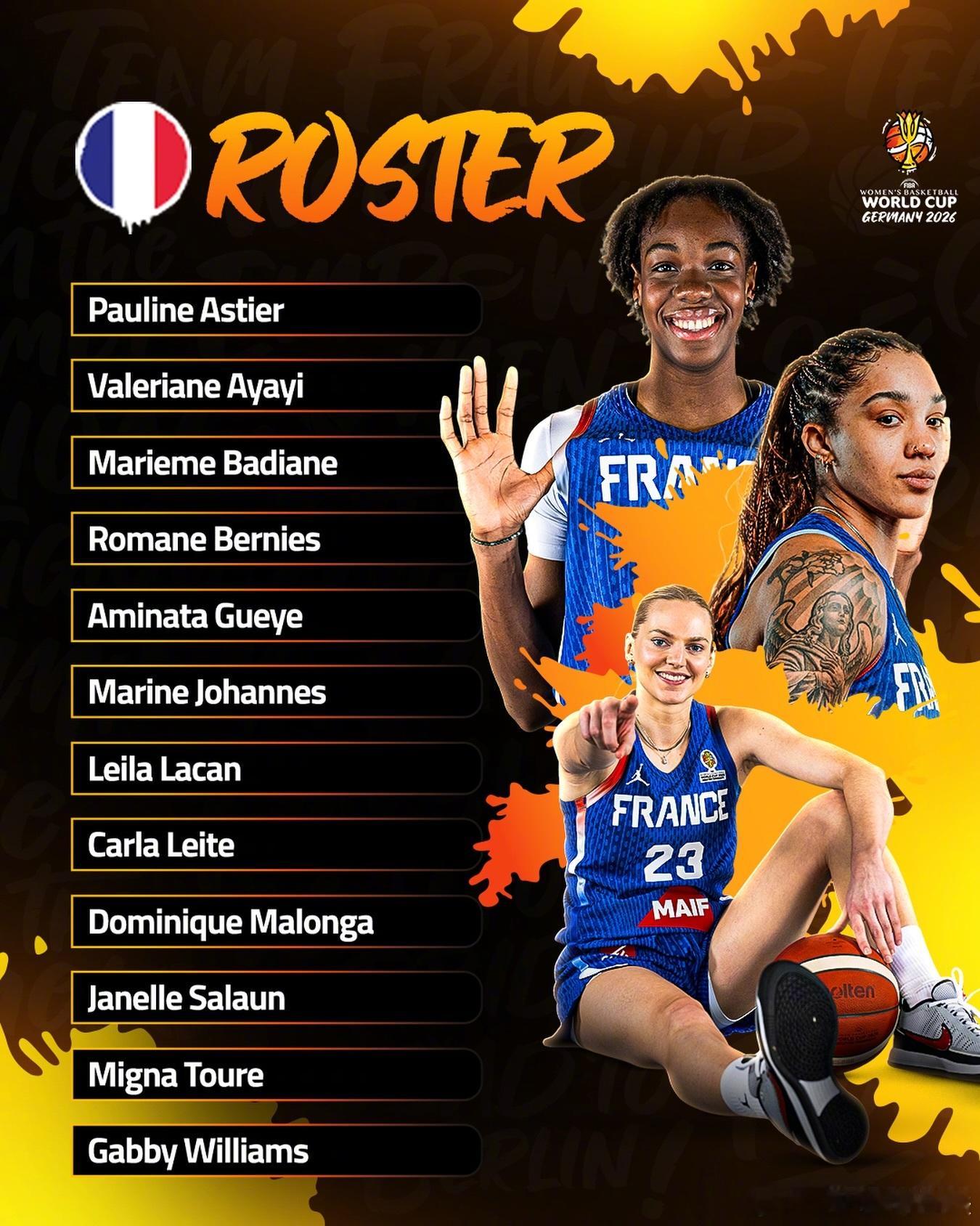 🇫🇷法国女篮公布出战2026 女篮世界杯 12人名单✨ 加比·威廉姆斯、马琳