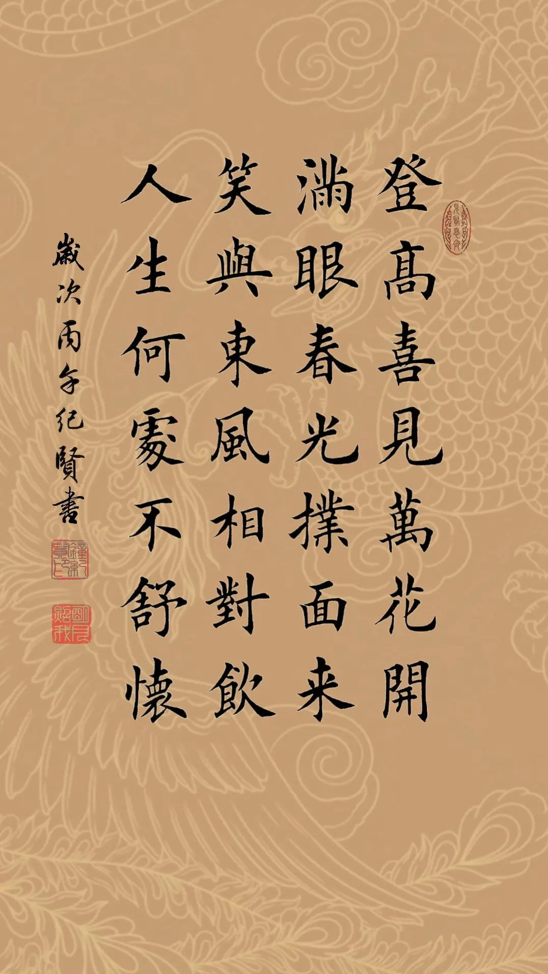 登高喜见万花开，满眼春光扑面来。笑与东风相对饮，人生何处不舒怀