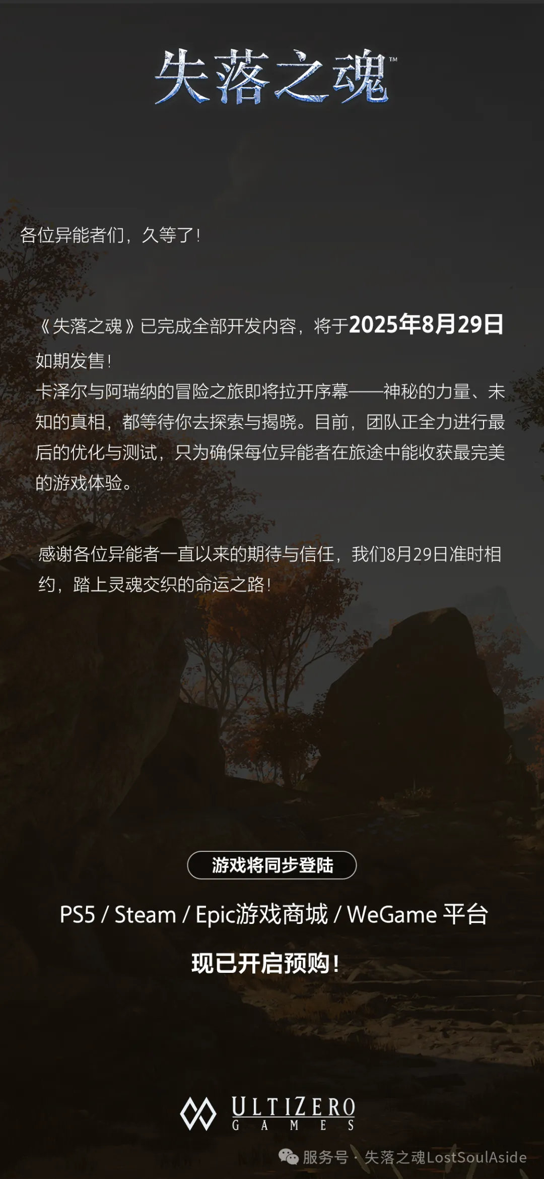 国产单人动作冒险RPG《失落之魂》官方宣布游戏已经开发完成，将于8月29日如期发