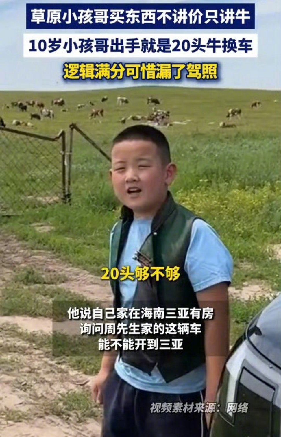 10岁小孩哥出手就是20头牛换车草原孩子的阔气，20头牛差不多30多万了，关键换