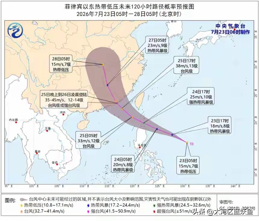 中央气象台7月23日6时发布最新预报，菲律宾以东洋面正式生成热带低压，距离发展为