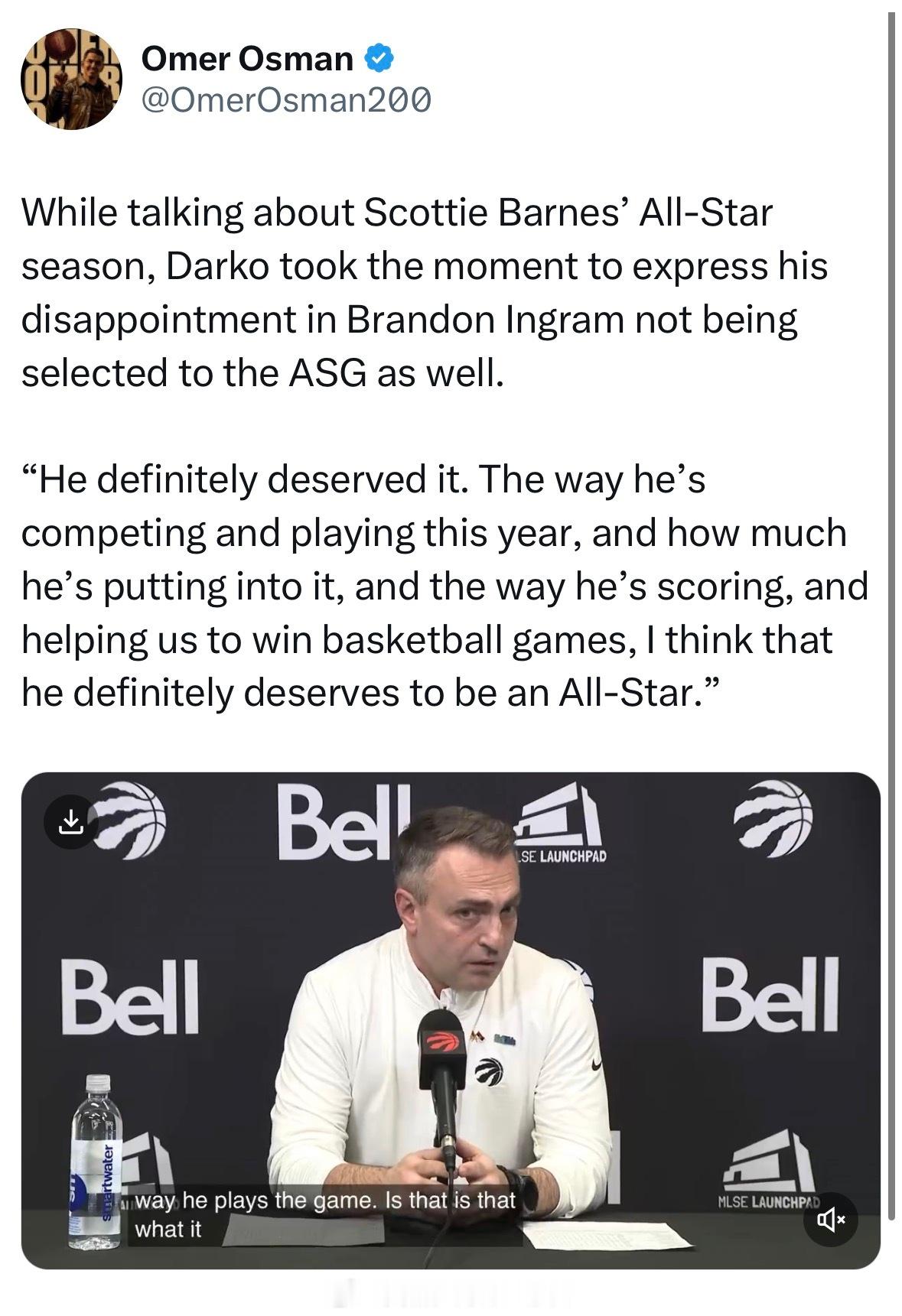 达尔科赛后谈英格拉姆没入选全明星：他肯定值得全明星，今年他充满竞争力、他非常投入