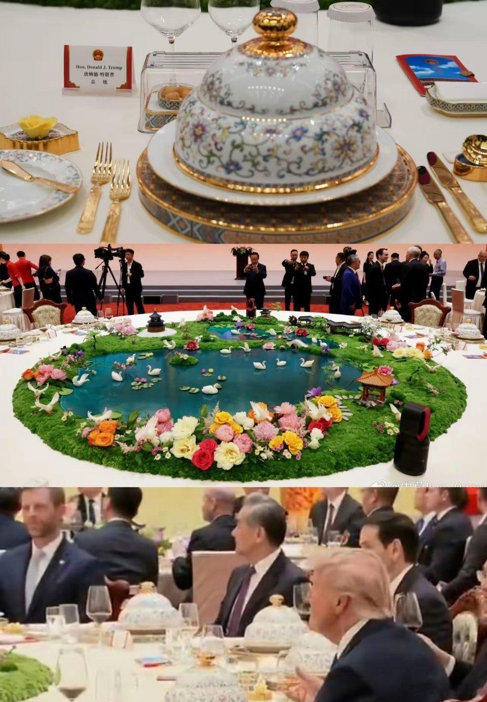 春意盎然的国 宴造型，令特 朗 普等赏心悦目！四冷七热菜品，一份主食、两份甜点、