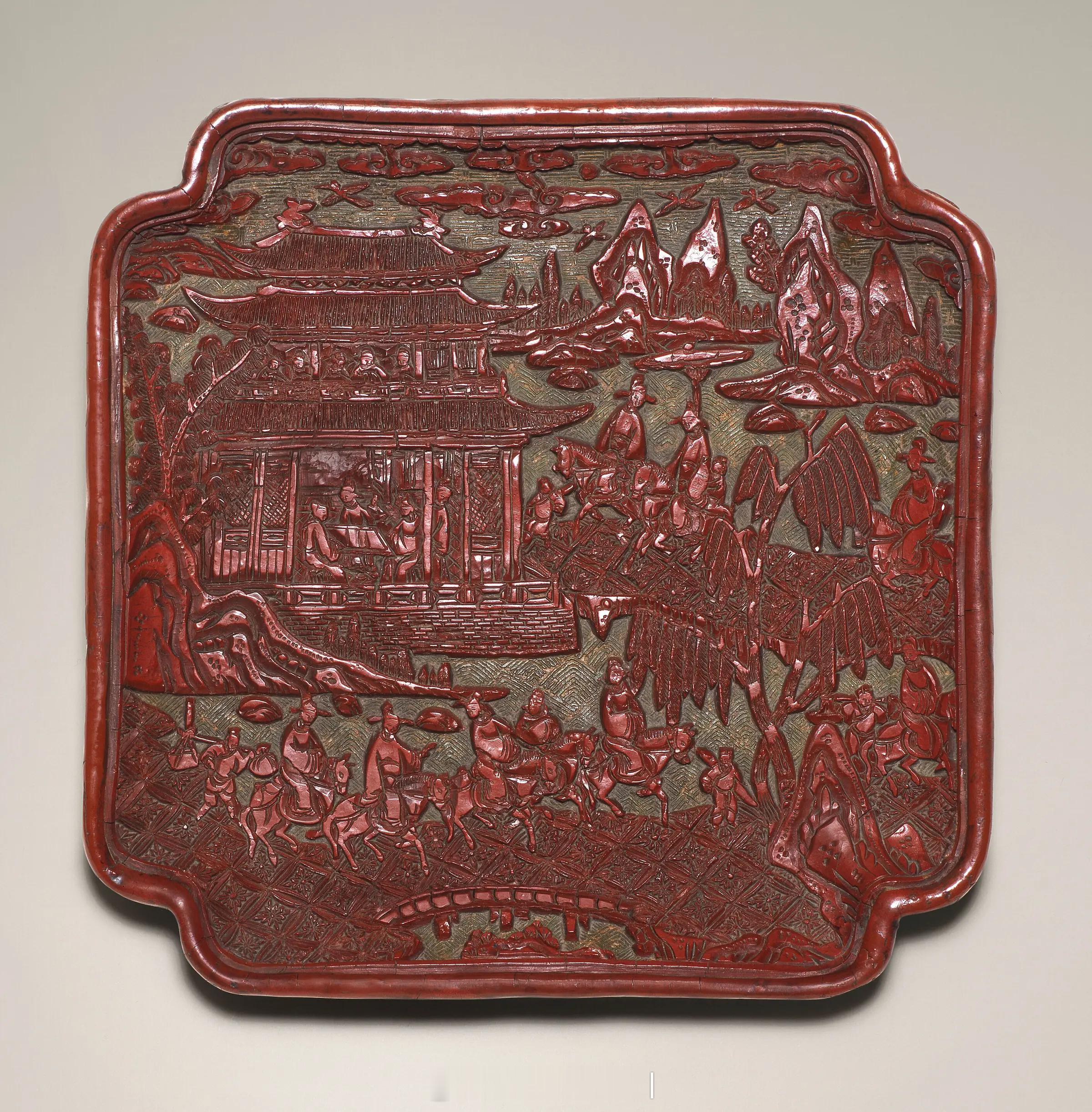 髹饰录 | 十五/十六世纪 剔彩宴游图倭角方盘来源：胡世昌医生（1924-200