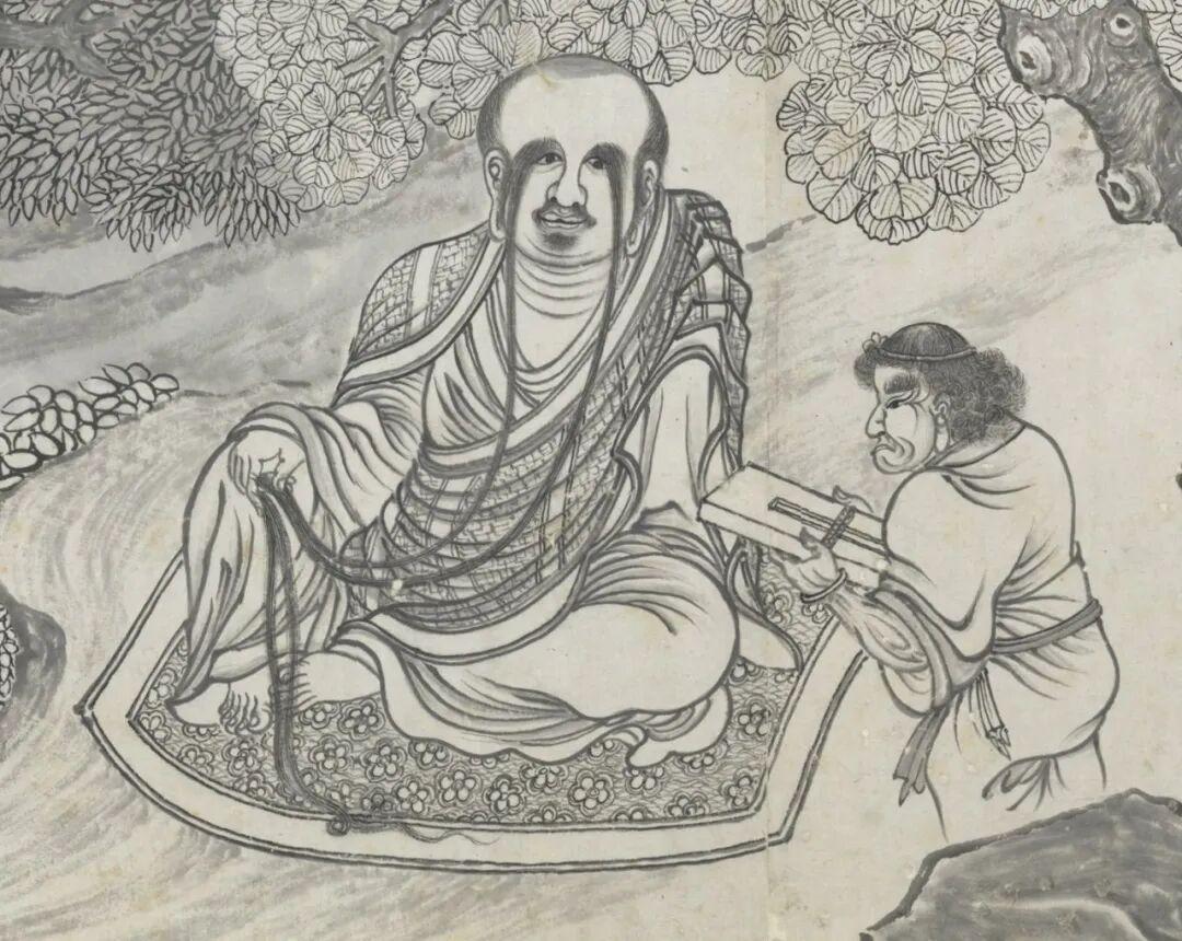 明代丁云鹏笔下的罗汉们，坐在一起聊天、喝茶、翻经书，气氛轻松得像老年活动中心……