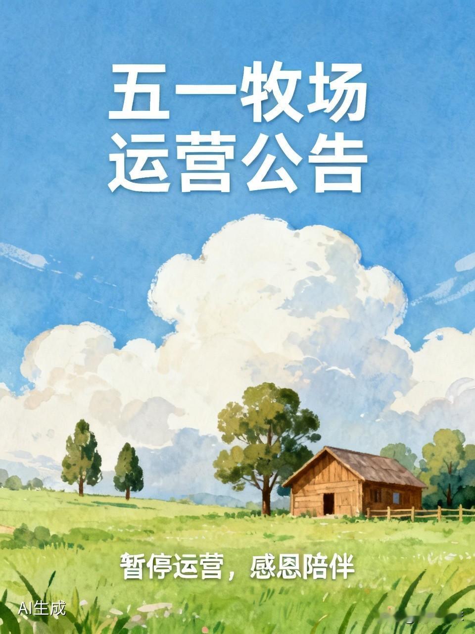 五一牧场运营公告
 
各位朋友、各位同仁：
因本牧场长期经营不善，日常管理漏洞颇