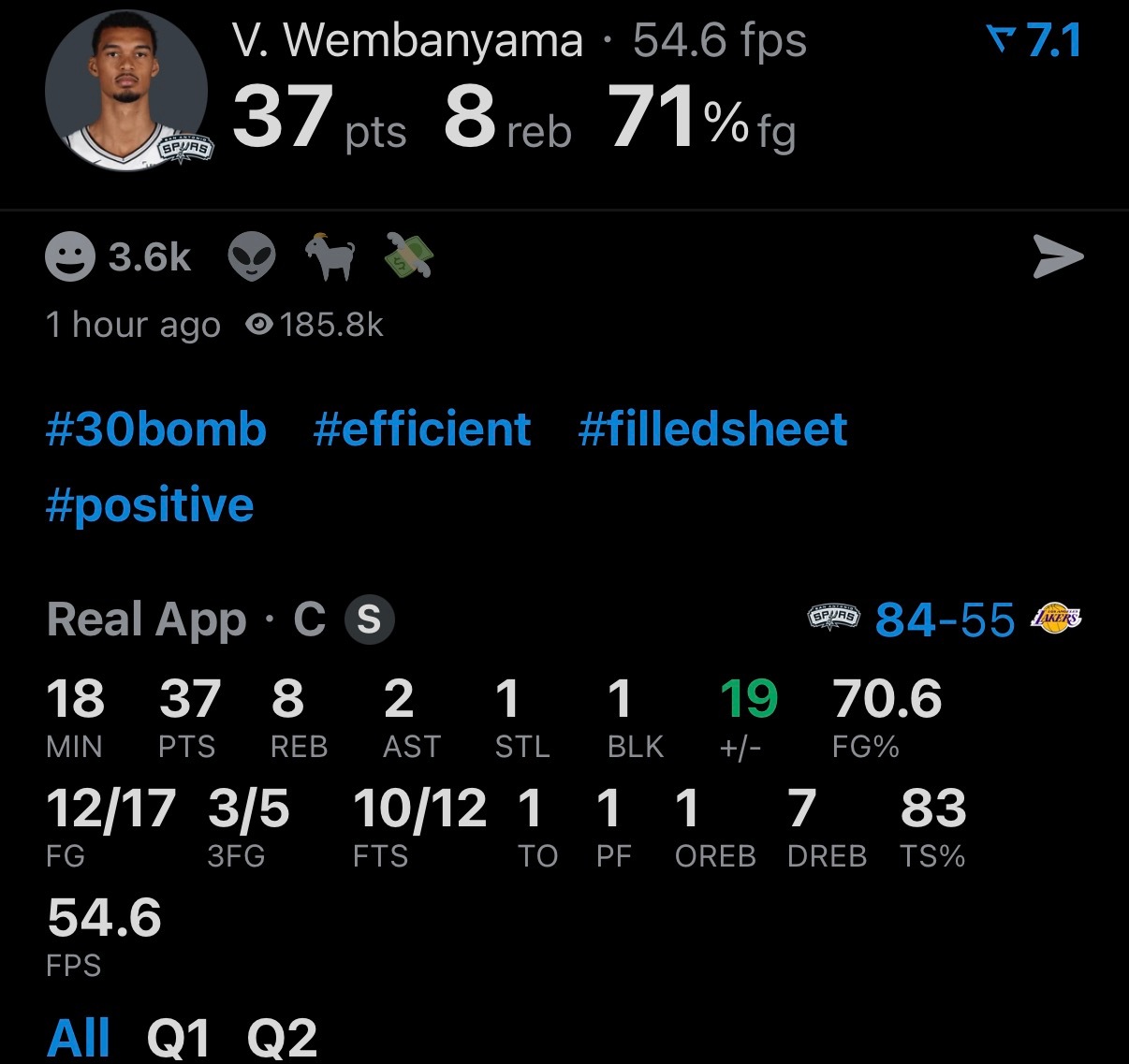 文班半场37分8篮板2助攻1盖帽，17投12中三分球5中3，得分太轻松了。 