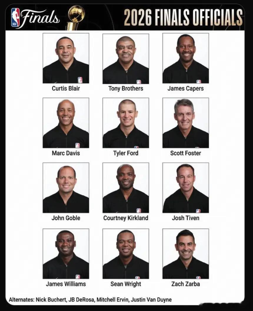 NBA官方于6月3日正式公布了2026年总决赛的12人裁判大名单，由名哨斯科特·