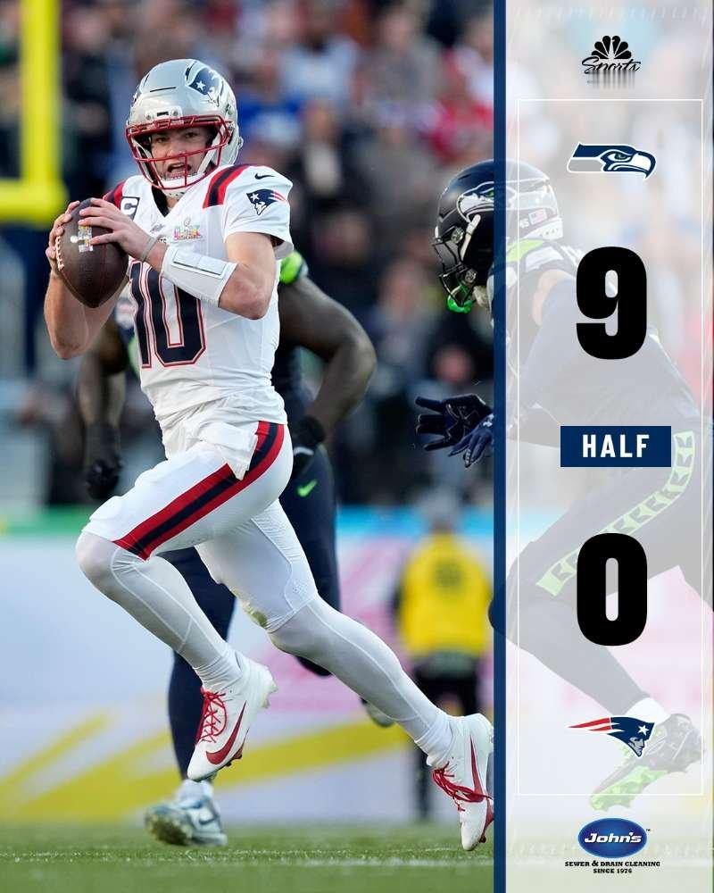 另一片场地，爱国者半场0：9落后于海鹰！进攻组被限制得厉害，下半场得尽快打开局面