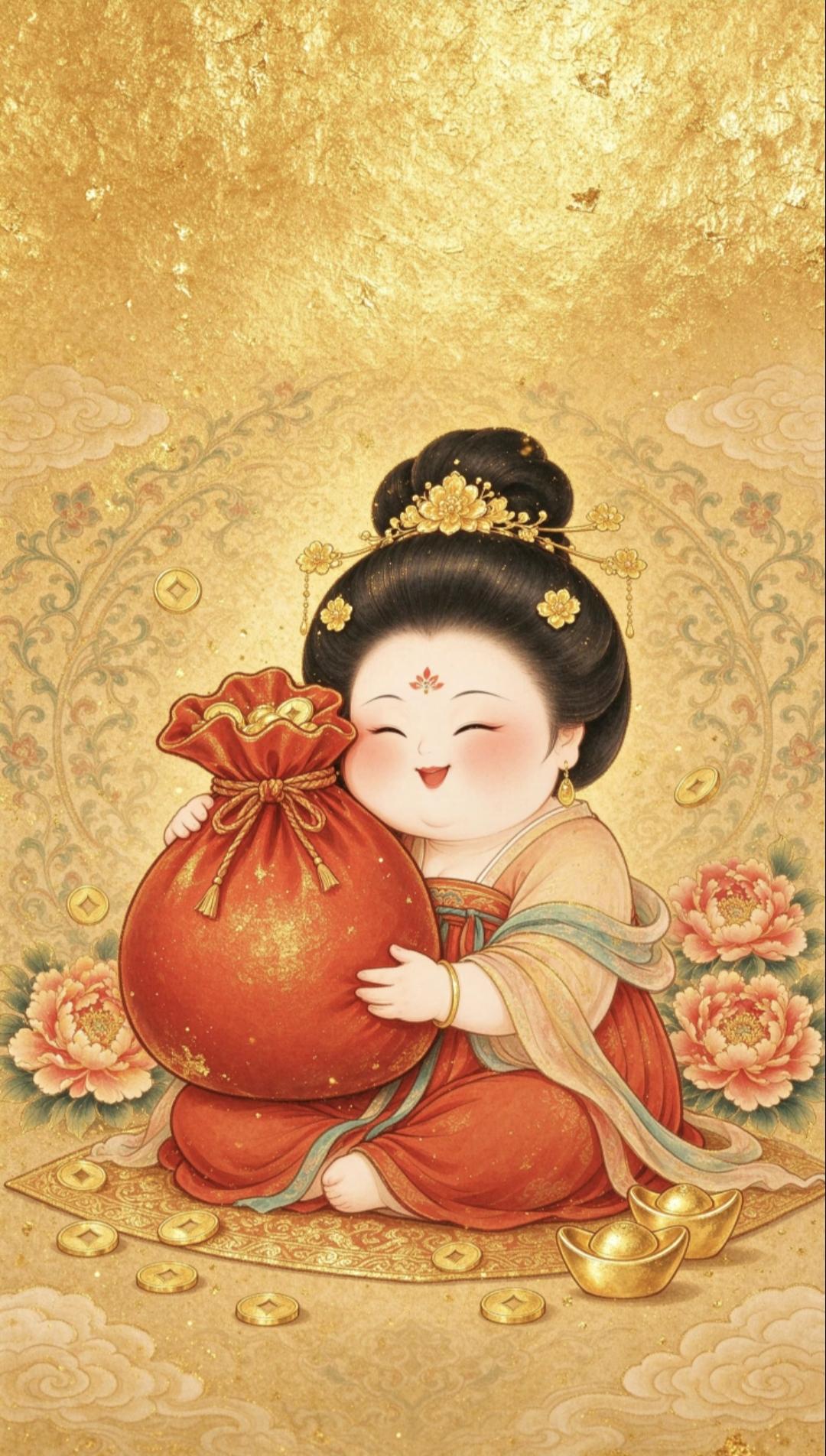 胖嘟嘟的富贵花紧搂钱袋，满屏金光璀璨！接稳这泼天福气，从此财源滚滚，好运黏人甩不