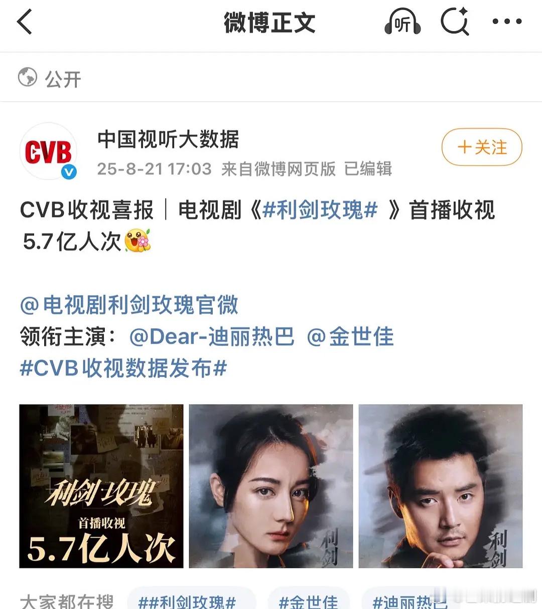 中国视听大数据认证，迪丽热巴《利剑玫瑰》首播收视5.7亿人次，三无班底小众题材打