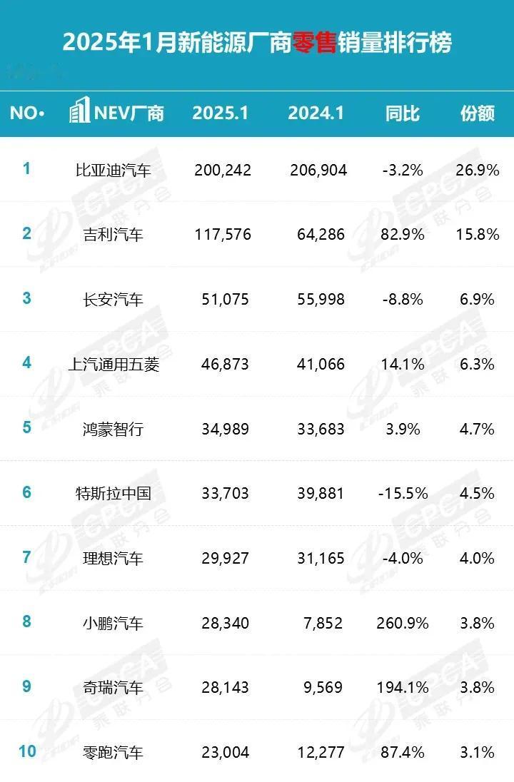 2025年1月新能源厂商零售销量排行榜发布
第1，比亚迪，200242辆
第2，