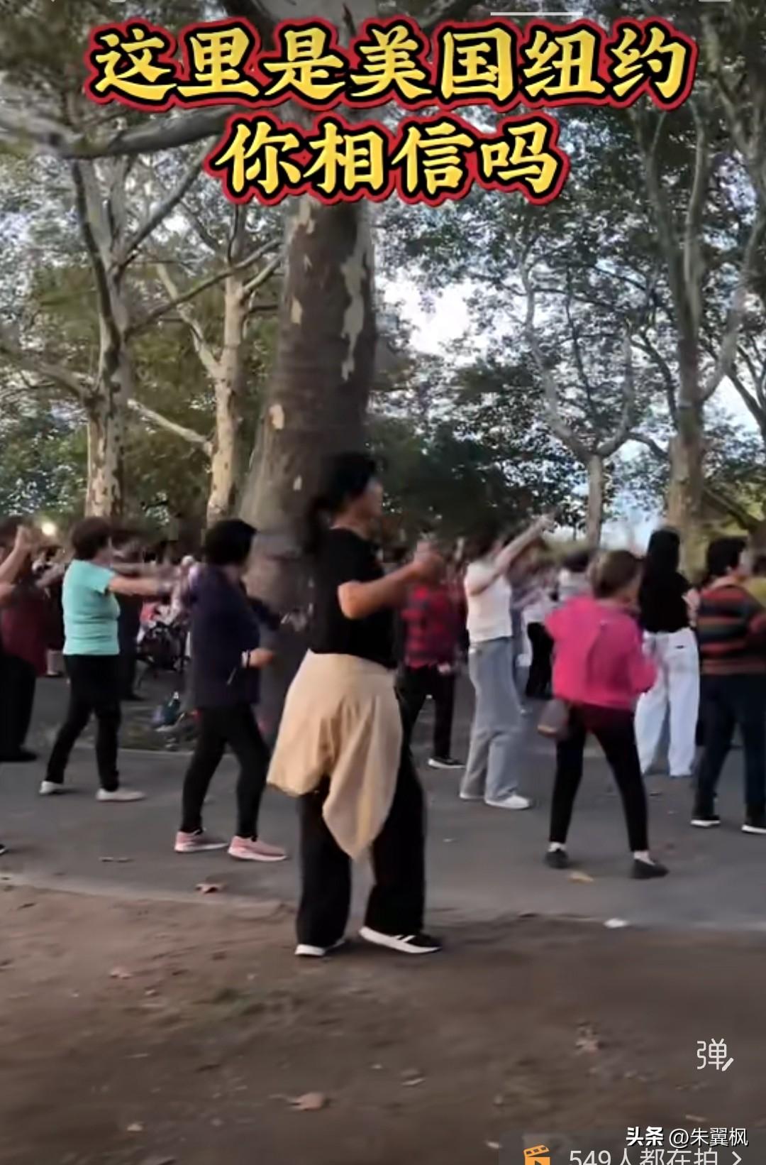 这是身在美国的网友吴先生拍的视频，一群华人大叔大妈在纽约跳广场舞的活动场景。镜头