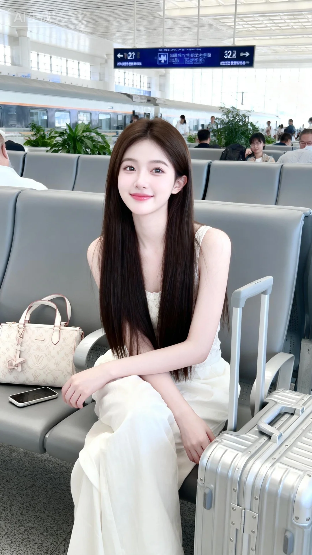 在现代化的高铁站候车大厅中，-给人物露出整张脸和头发，人物是一位20岁年轻漂亮亚