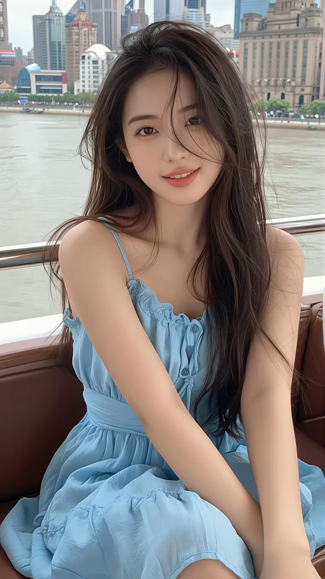 蓝色连衣裙，坐船赏景，美不胜收！🌟💝🌺