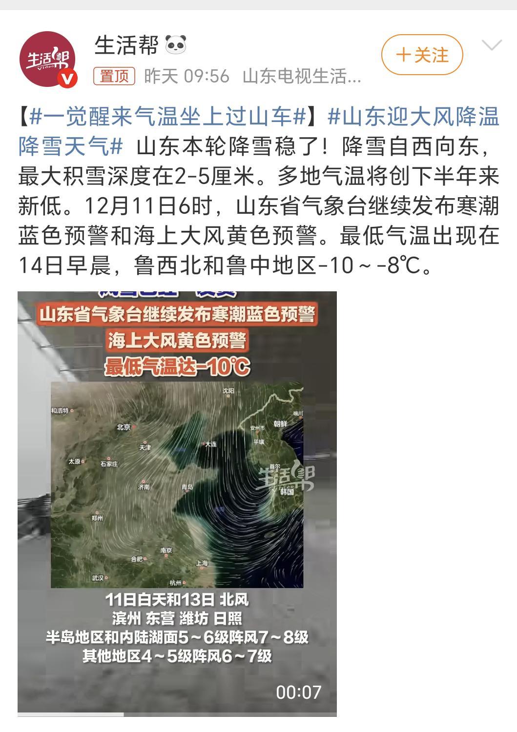 山东迎大风降温降雪天气早上好呀老铁们，北方今天好像大部分地区都预报有雪，所以你那