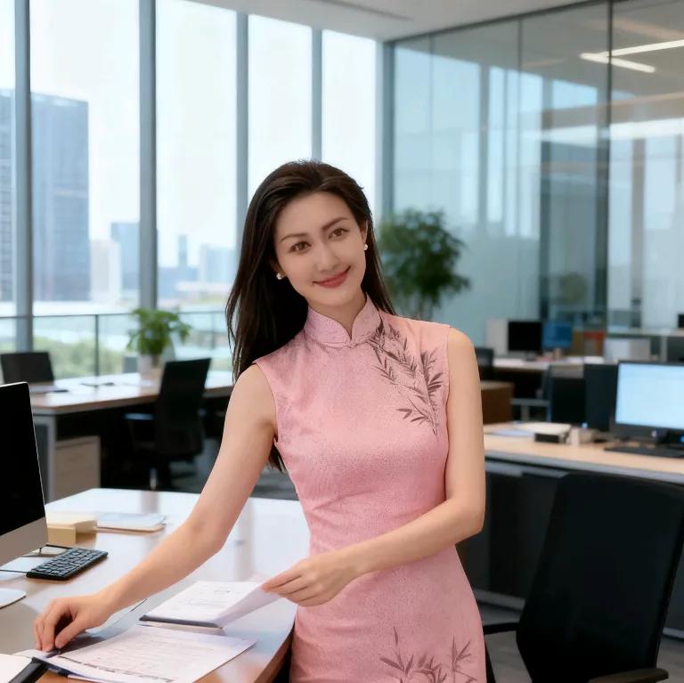 办公室里的优雅白领，穿着粉色旗袍，自信满满地处理文件。职场知性照 职场美人照 办