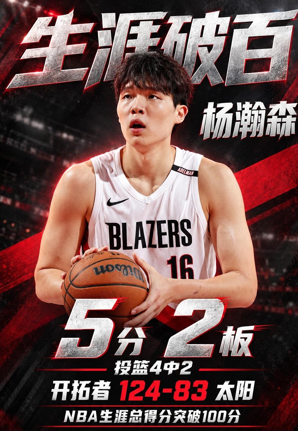 开拓者揭幕战41分大胜太阳！杨瀚森NBA生涯100分小里程碑！
     一场酣