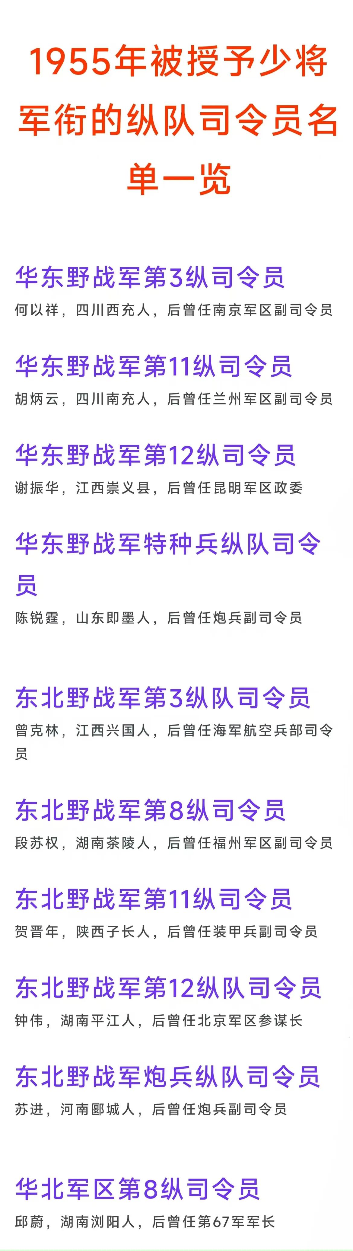 东野第11纵司令员贺晋年，副兵团级少将
东野第8纵司令员段苏权，准兵团级少将
华