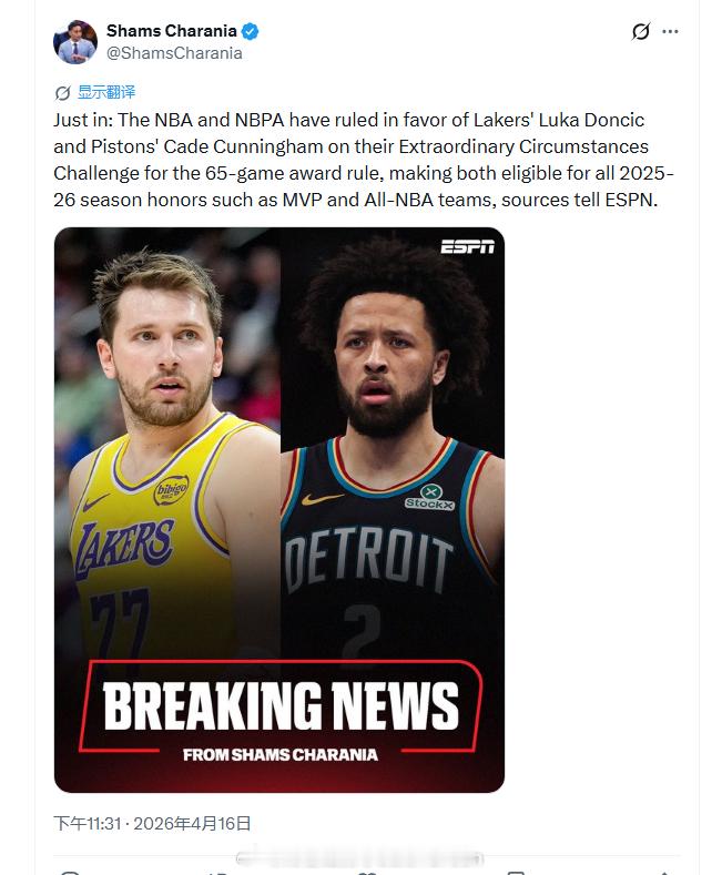 Shams：联盟支持东契奇和康宁汉姆的申诉，他俩可以参加本赛季NBA个人奖项的评