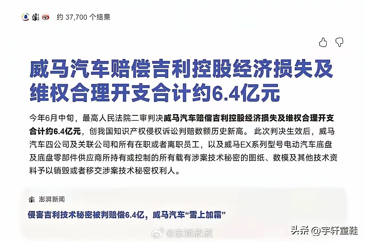 澎湃新闻报道了，早前被判赔偿吉利6.4亿元的企业是威马汽车。新能源汽车 广州