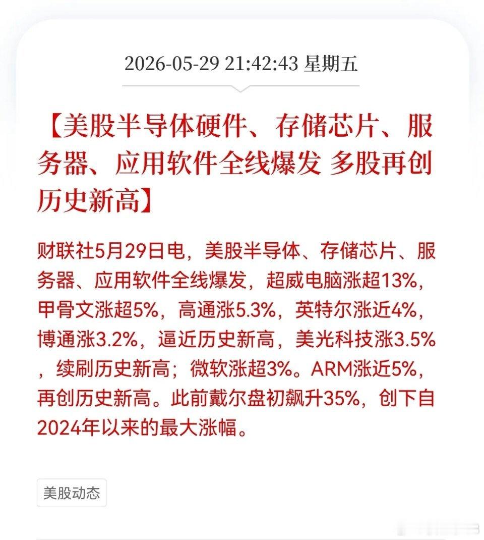 美股AI产业链集体大涨，多只标的再创历史新高，全球科技周期正式迈入主升浪，也为下