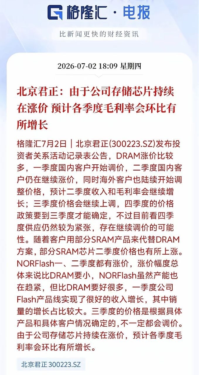 存储板块大跌，盘后北京君正发声！今天存储芯片个股集体大跌，但盘后北京君正的交流纪
