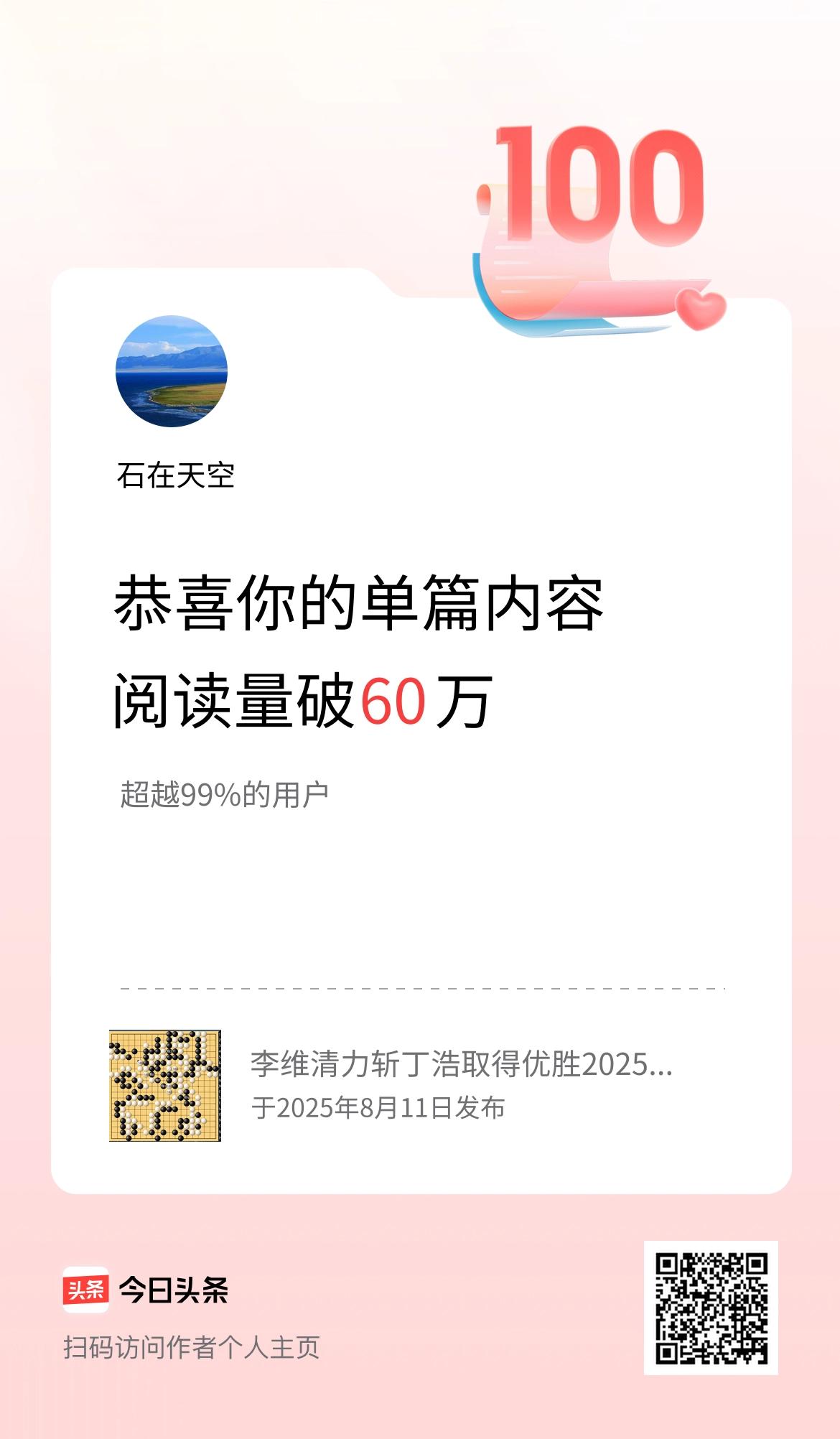 单篇内容获得阅读量破60万啦！